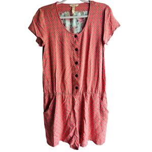 Matilda Jane Romper Women Size M Coral Geo Boho Cottagecore Button Front Pockets